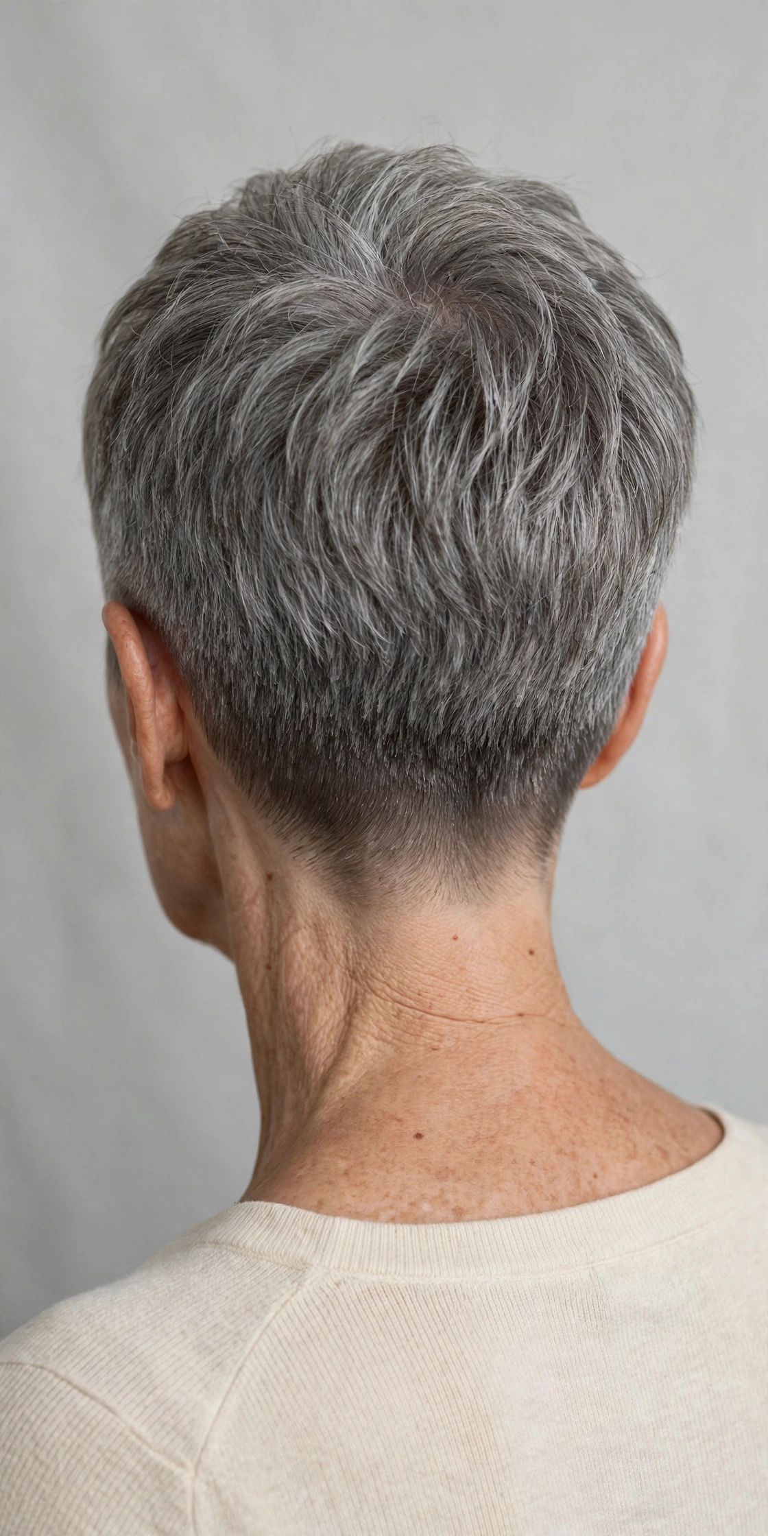 Back view of older woman showing a pixie with closely tapered nape and fuller top