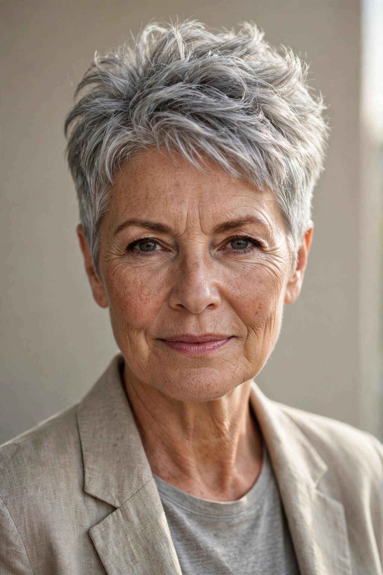 Older woman with a textured pixie crop showing lifted volume at the crown