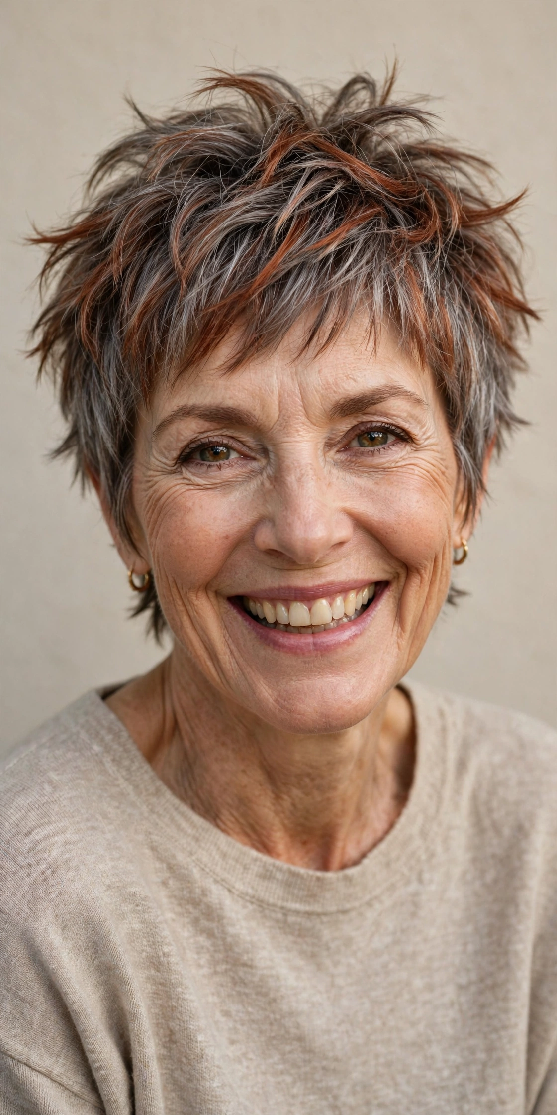 Older woman with a tousled pixie featuring choppy layers throughout