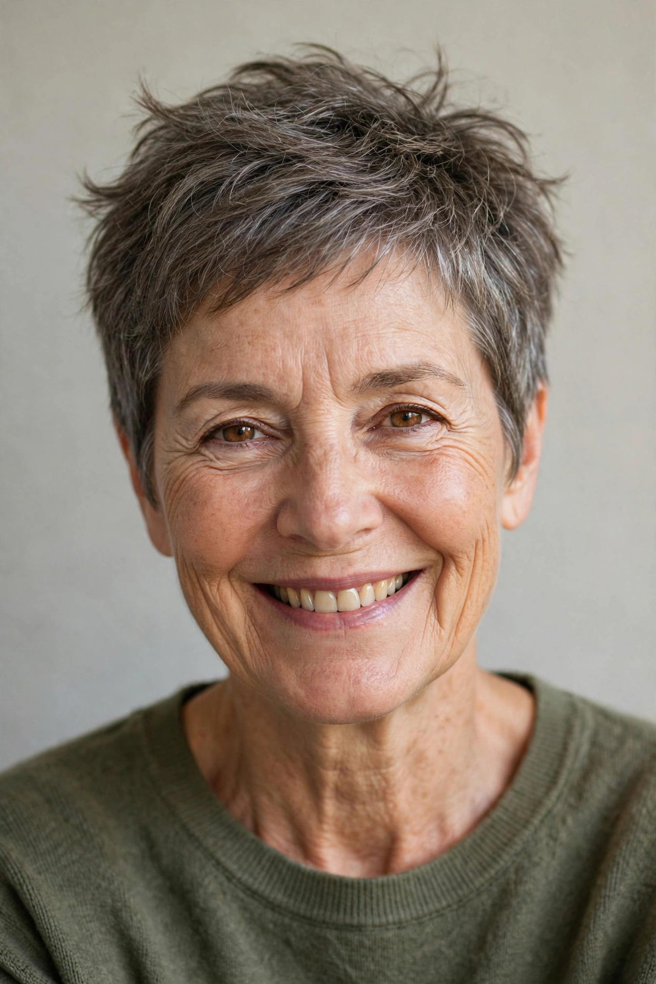 Smiling older woman with an easy wash-and-go pixie, natural and effortless