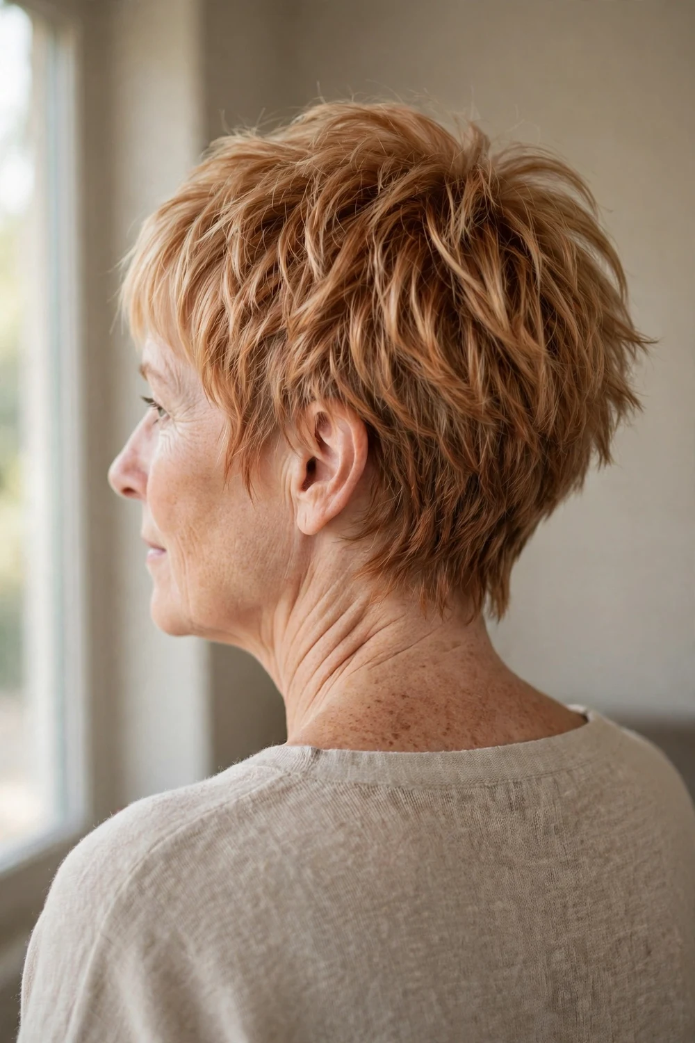 Back view of a short pixie shag with layered texture on a woman over 50 with thin strawberry blonde hair