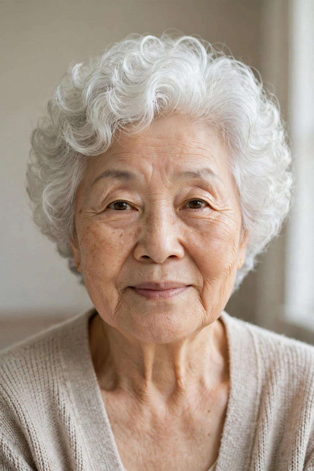 Woman over 60 with a short round curly cut