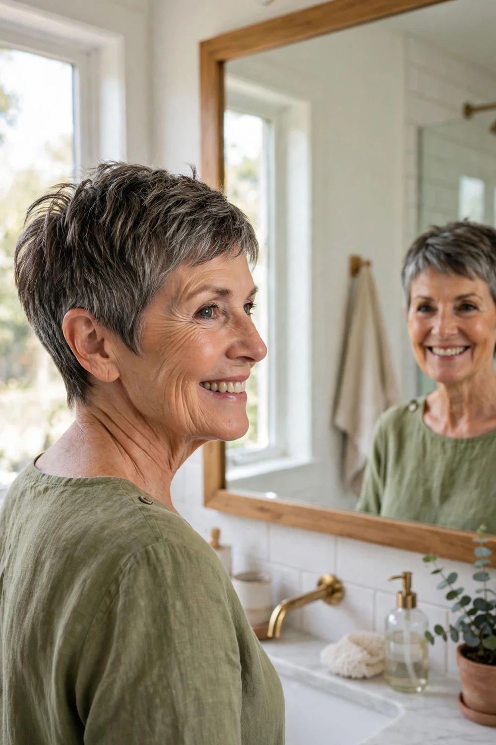 White woman in her late 60s with a short salt-and-pepper pixie in front of a bright bathroom mirror