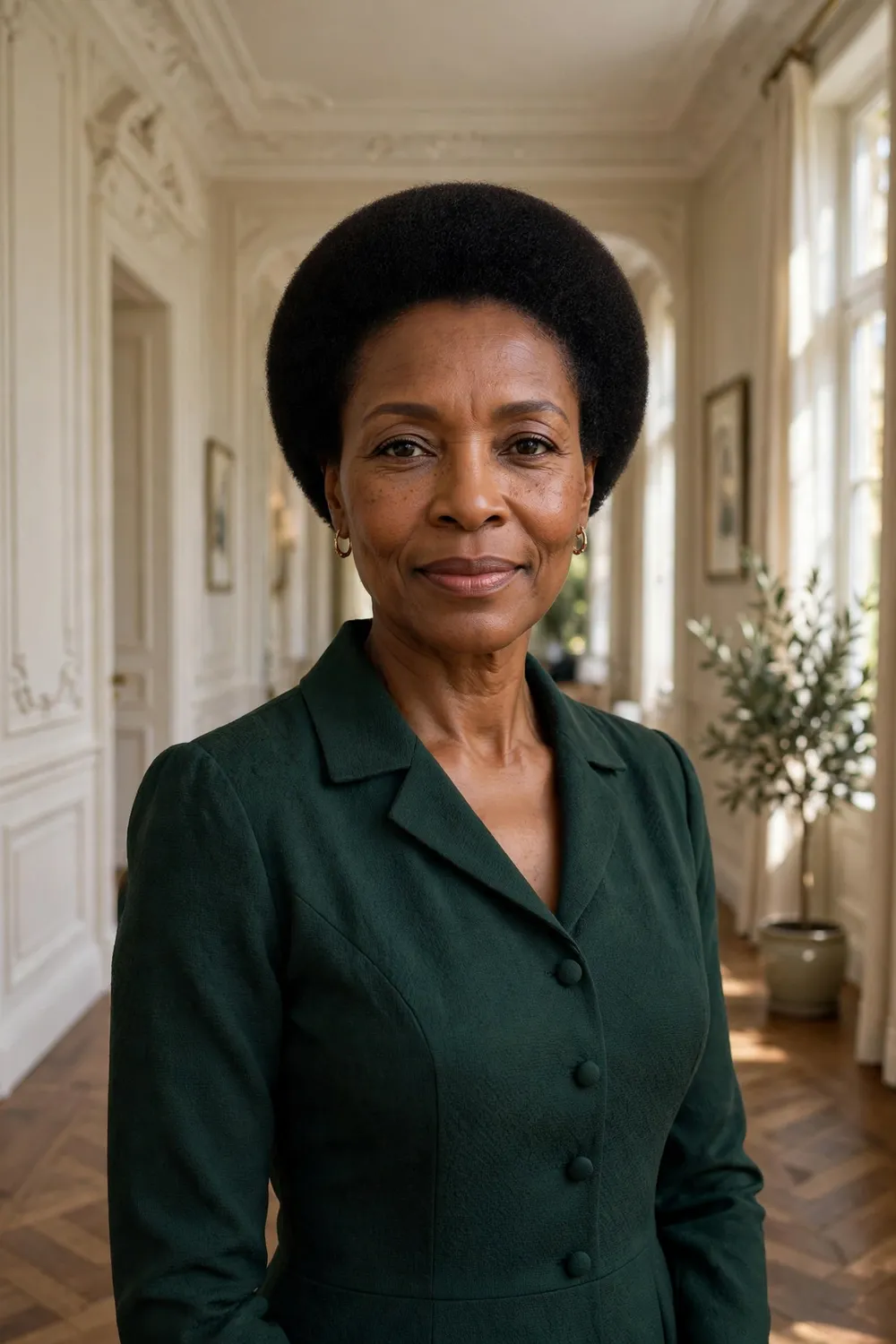 Black woman with a short sculpted afro, precise rounded outline