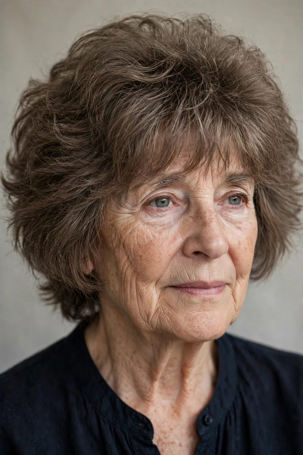 Woman in her 60s with short shag, choppy layers and wispy bangs, front view