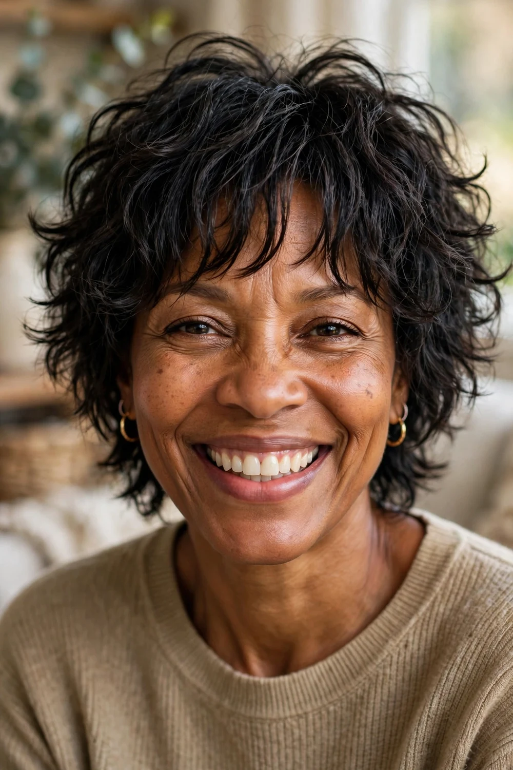Older Black woman with a short shag and curtain bangs