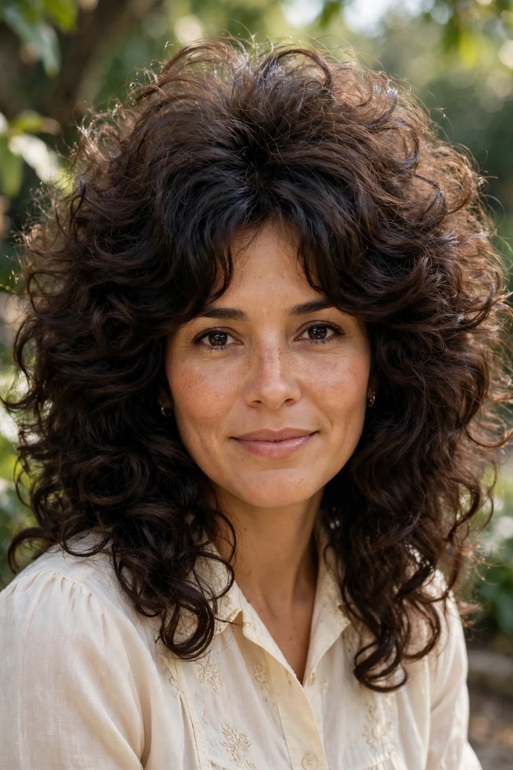 Woman with a big voluminous 70s mane shag with a halo of curls around the face