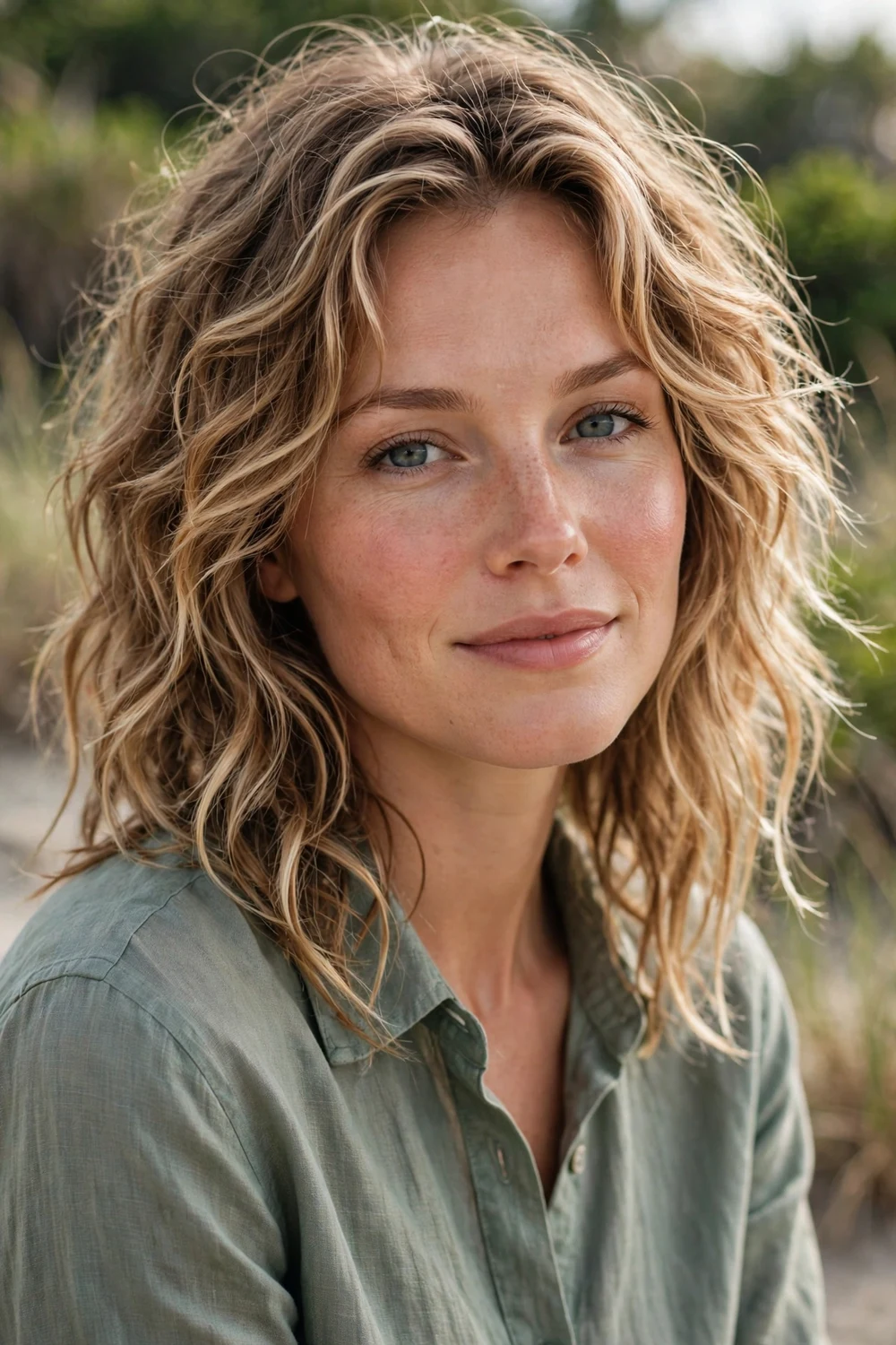 Woman with a beach shag haircut with loose tousled curls and sun-kissed layers
