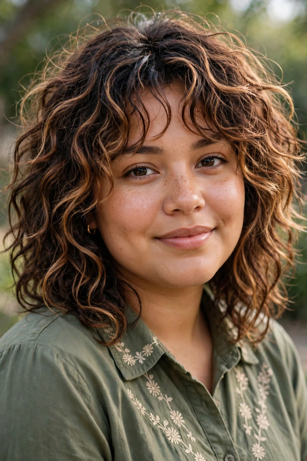 Woman with caramelized shaggy locks with caramel highlights woven through curls