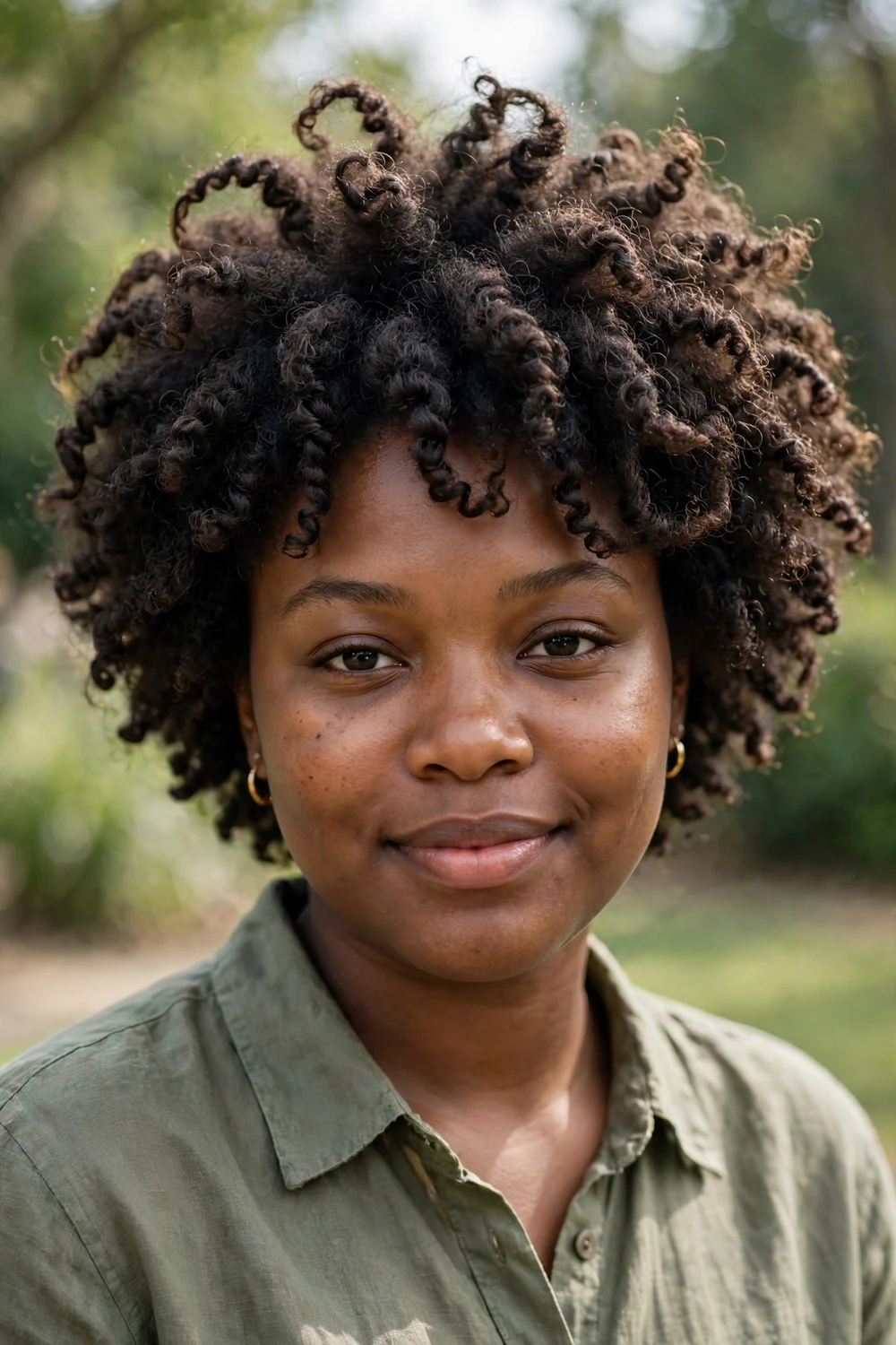 Woman with a coily shag haircut with shaped type 4 curls and rounded silhouette