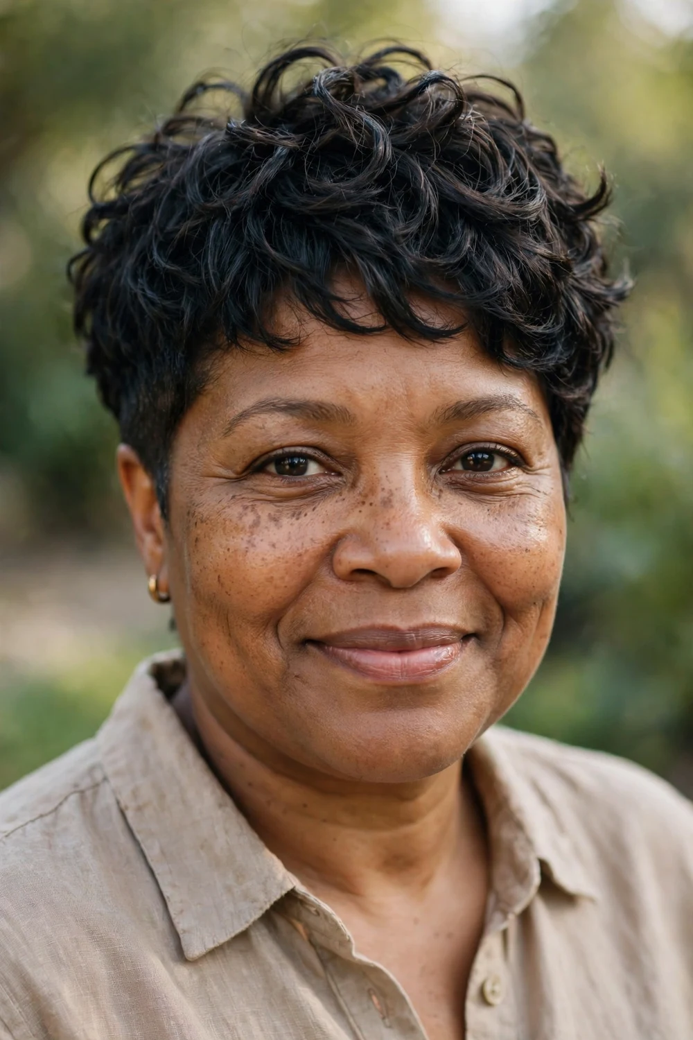 Woman with a curly pixie shag haircut with short textured curls and piecey top layers