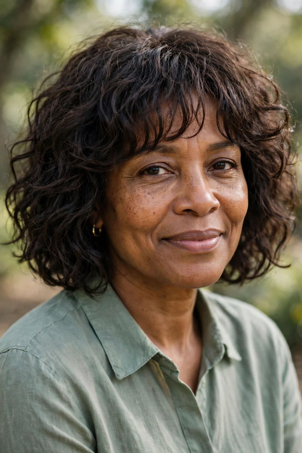 Woman with a curly shaggy bob with chin-length curls and wispy bangs
