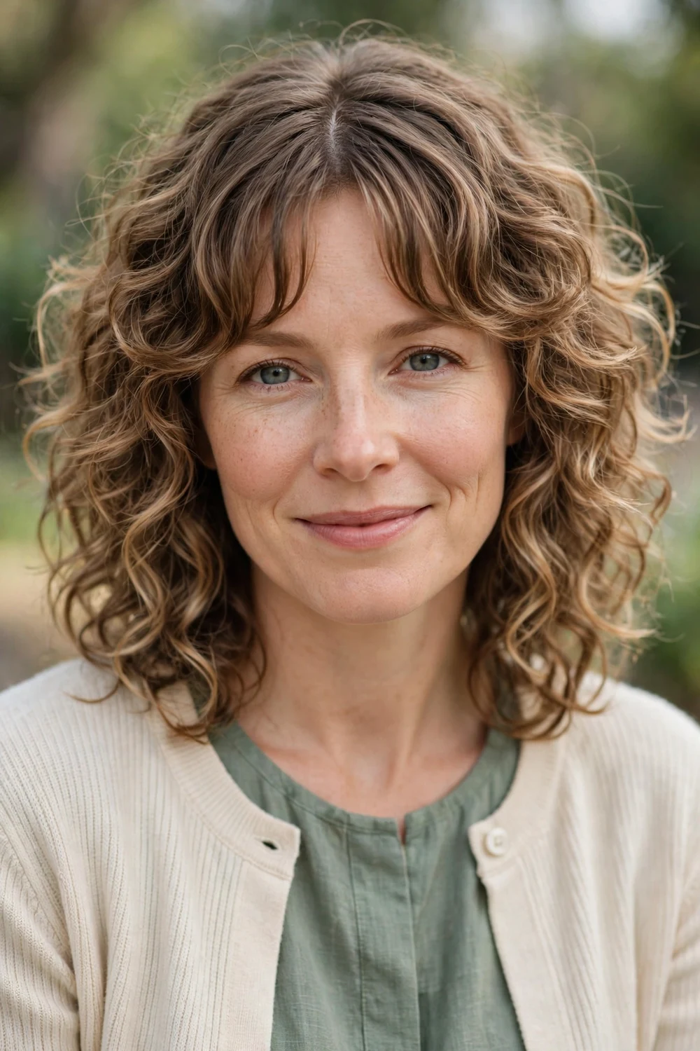Woman with a modern curly shag with curtain bangs parted in the center