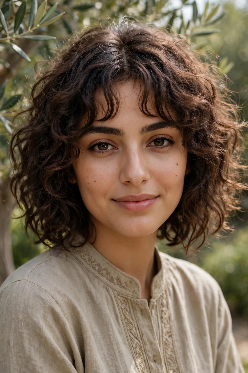 Woman with an airy curly shag with subtle face-framing layers and curtain bangs