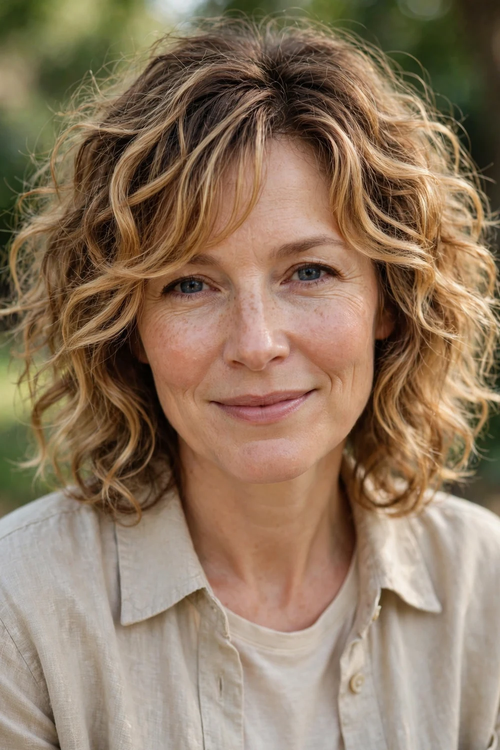 Woman with a honey blonde curly shag with side bangs and golden layered curls