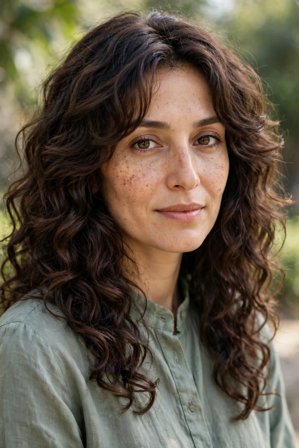 Woman with a long layered curly shag with cascading curls and curtain bangs