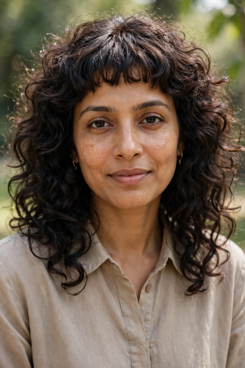 Woman with a curly shag with a short micro fringe above the brows