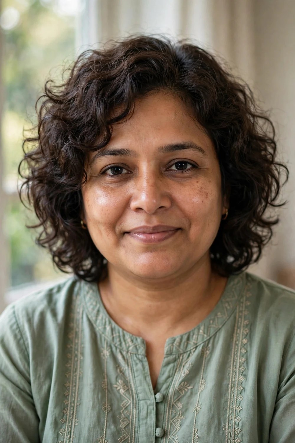 Woman with a curly shag haircut with no bangs and soft face-framing layers