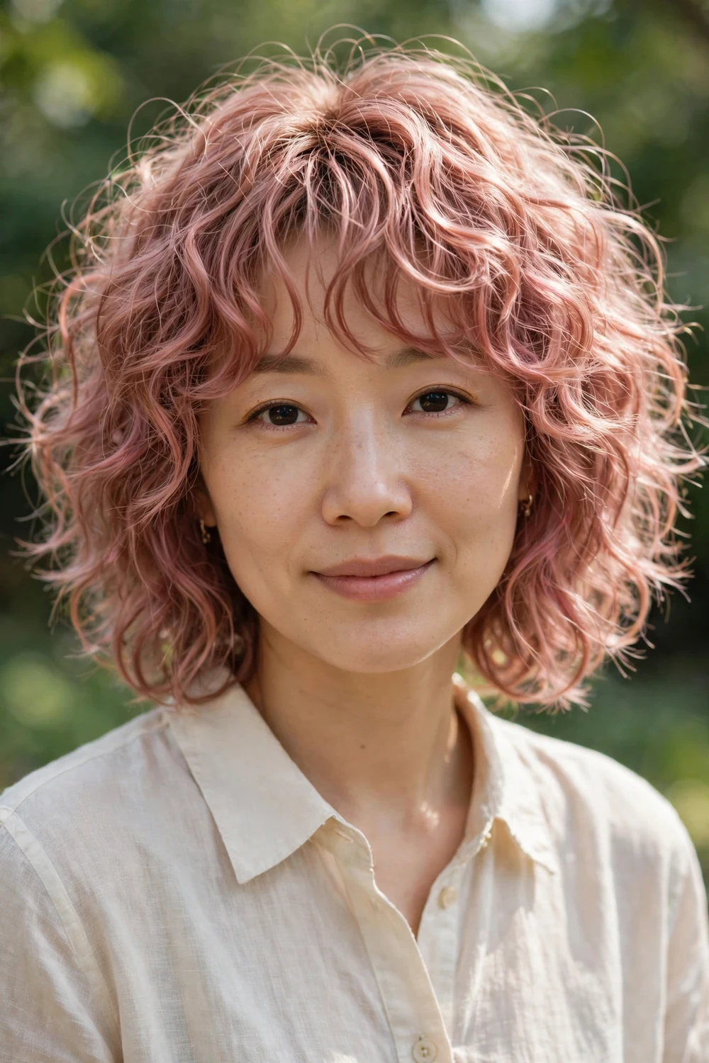 Woman with a rose gold curly shag with pink-toned layered curls
