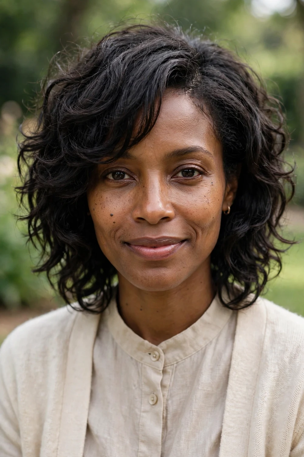 Woman with a shaggy lob haircut with shoulder-length curls and textured layers