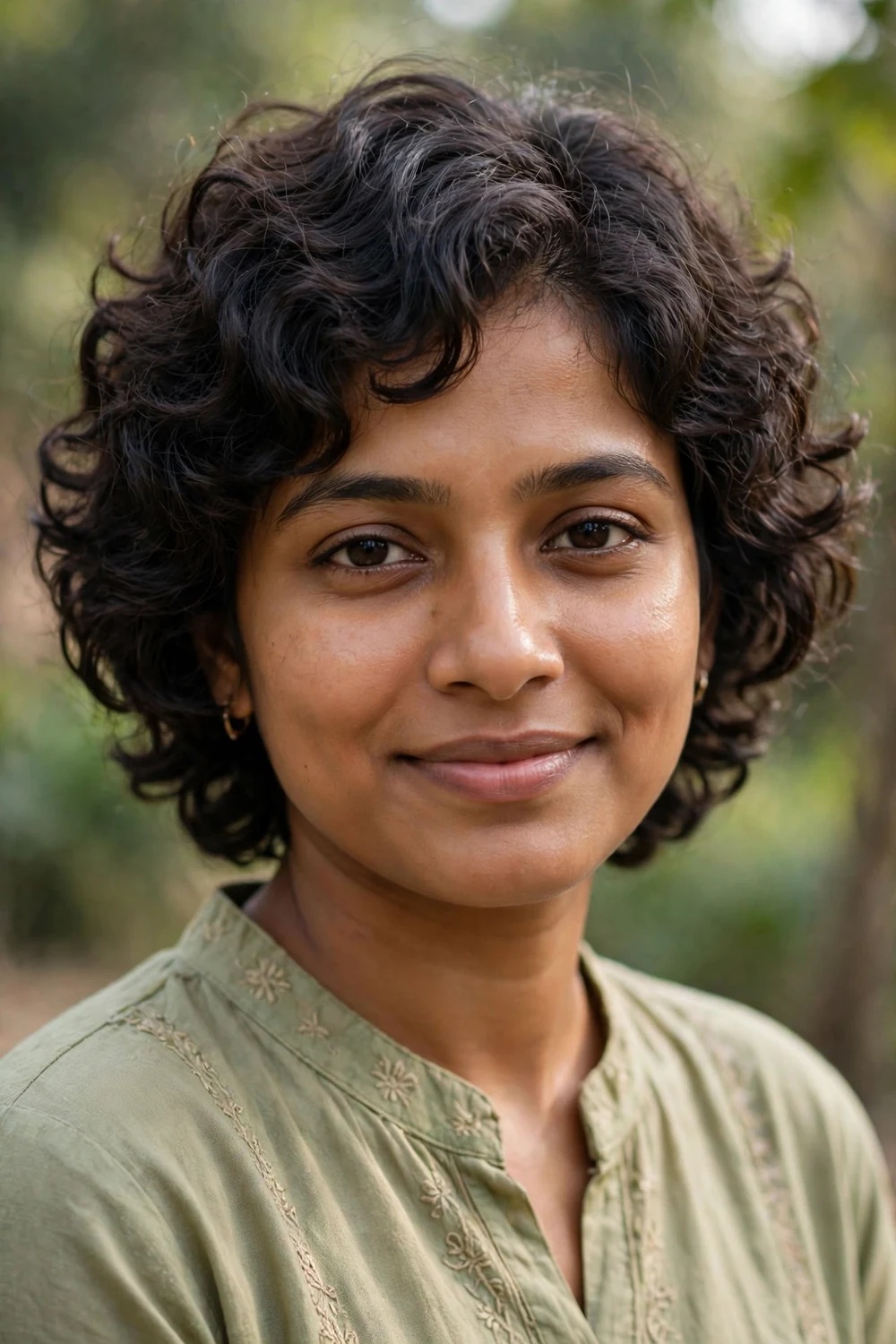 Woman with a short curly shag haircut with bouncy defined curls between cheekbone and jawline