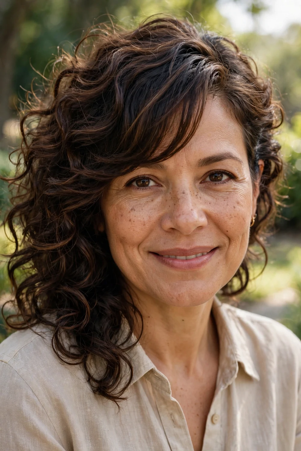Woman with a curly shag with side-swept bangs sweeping across the forehead