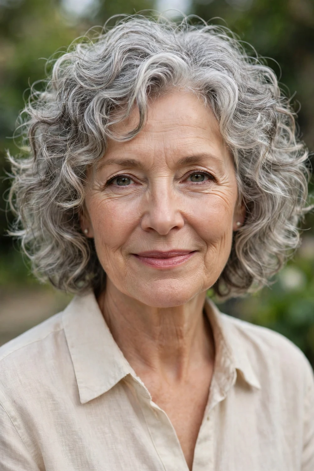 Woman with a silver curly shag with gray curls in textured layers