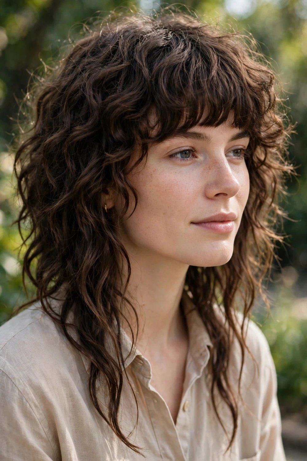 Woman with a curly shag with heavy bangs and long skinny tapered ends