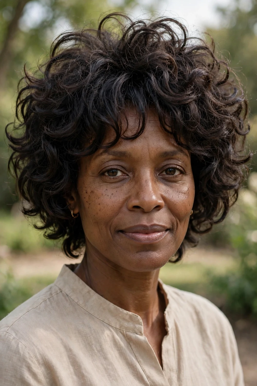 Woman with a curly shag with a tapered nape and full curly top
