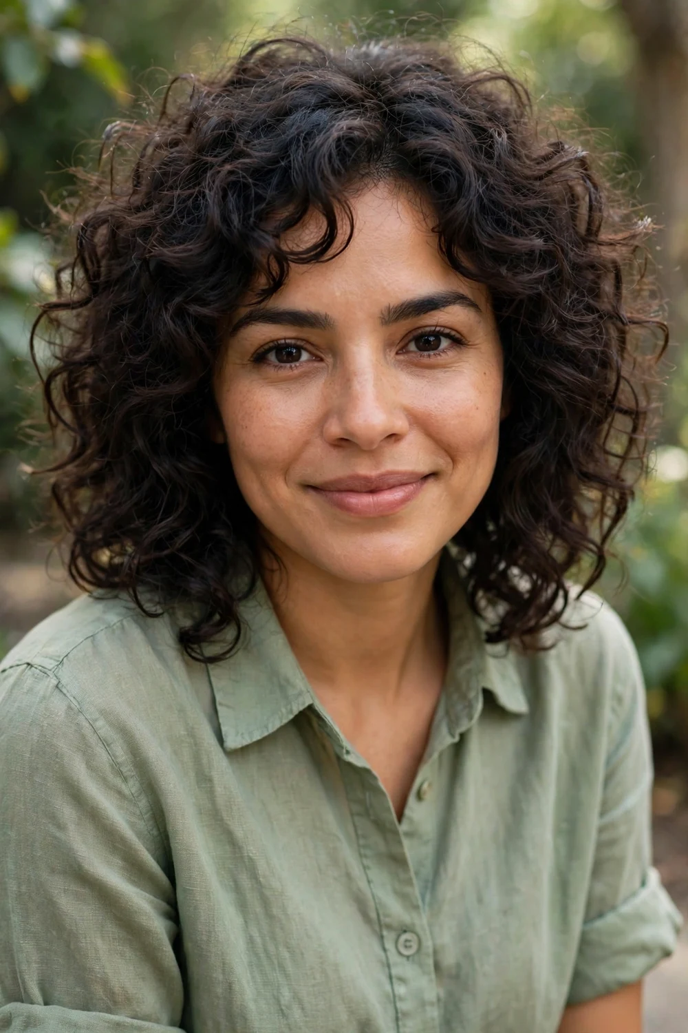 Woman with a diffused wash-and-go curly shag with natural defined curls