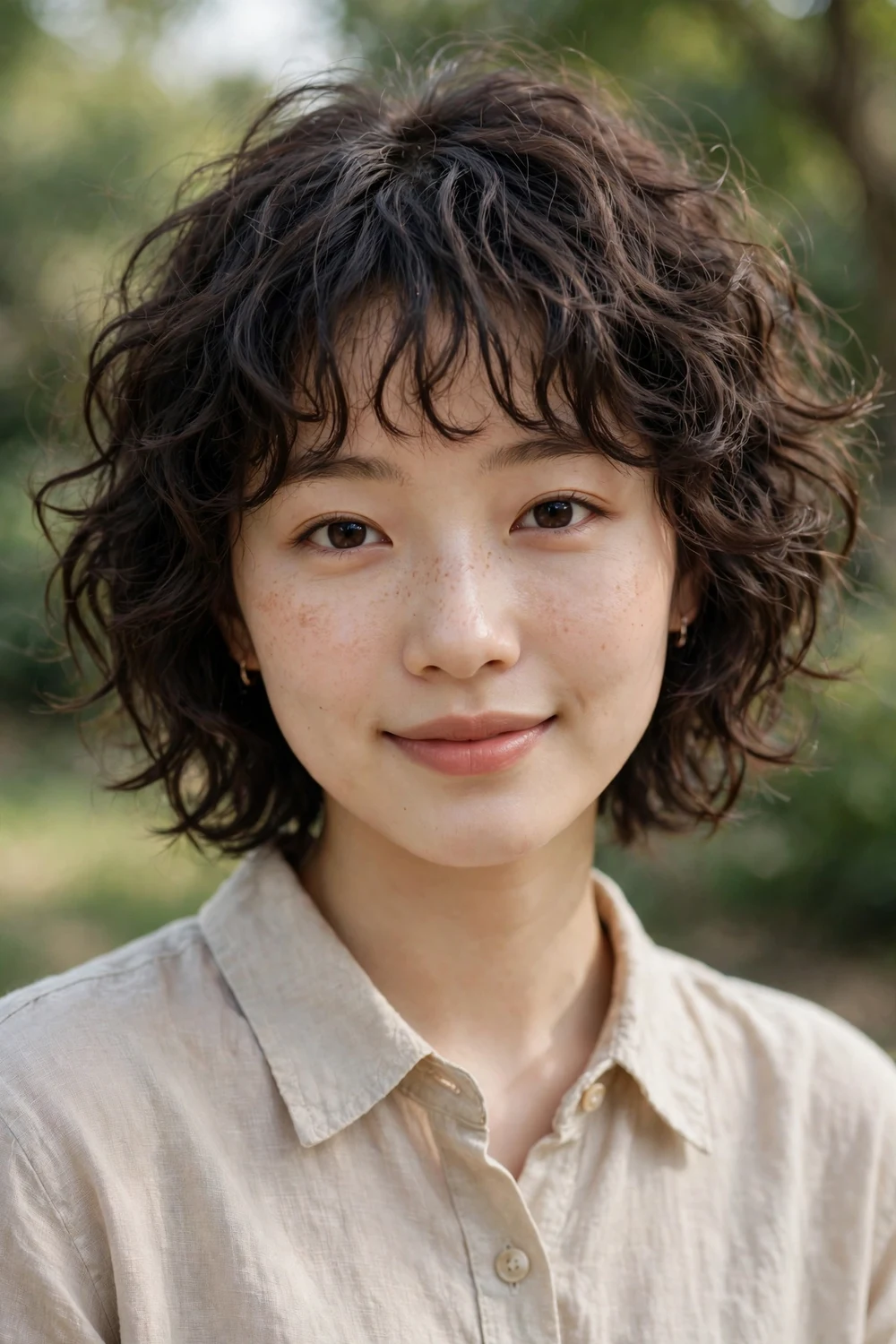 Woman with a curly shag and wispy bangs with light airy fringe