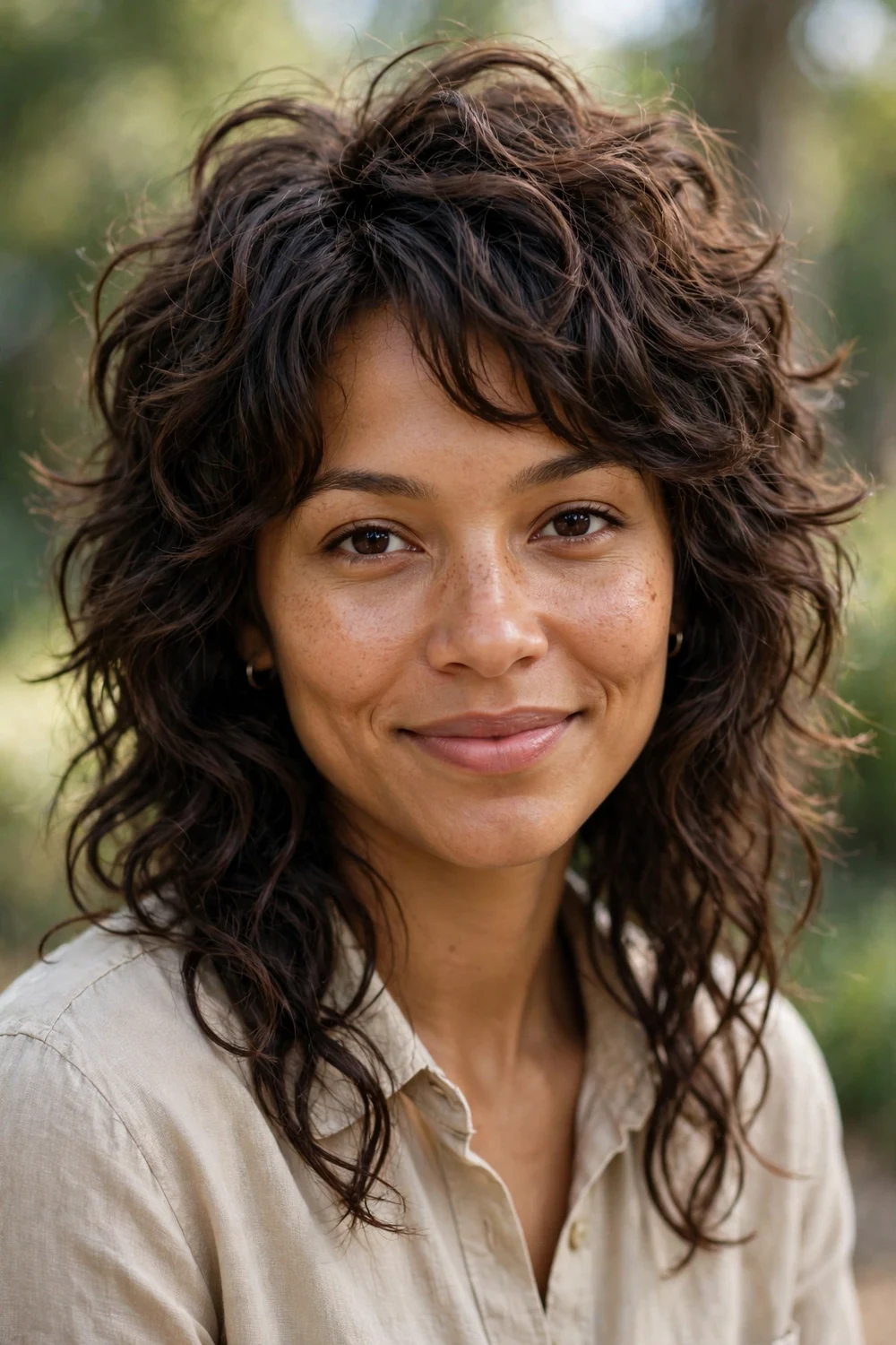 Woman with a curly wolf shag with short choppy crown layers and longer cascading pieces
