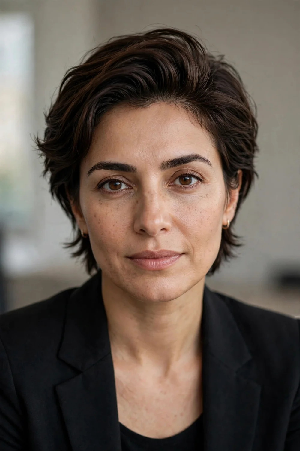 Middle Eastern woman with a short back-swept shag, hair swept back with root volume on fine dark chestnut hair