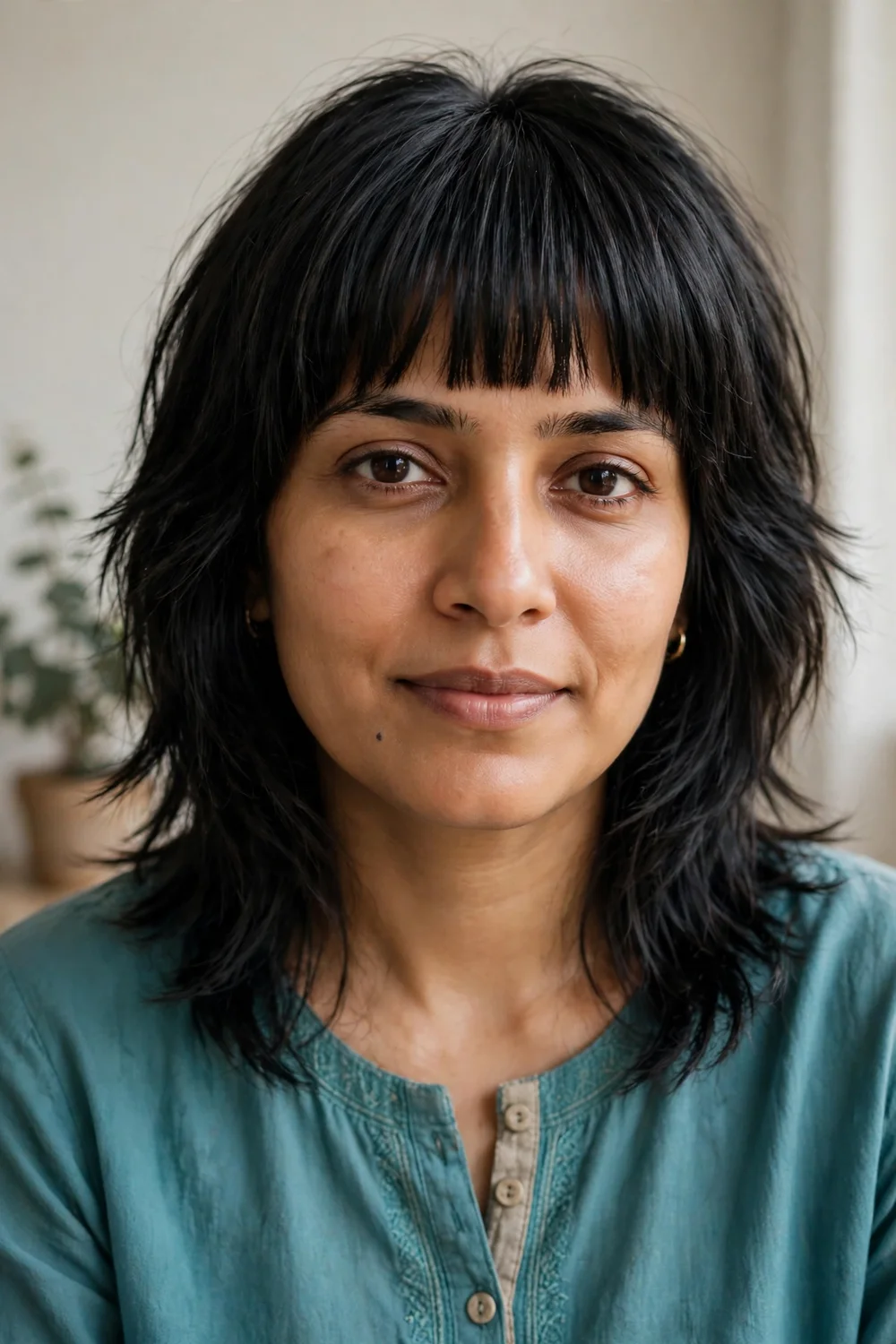 South Asian woman with a layered shag and straight blunt bangs on fine black hair