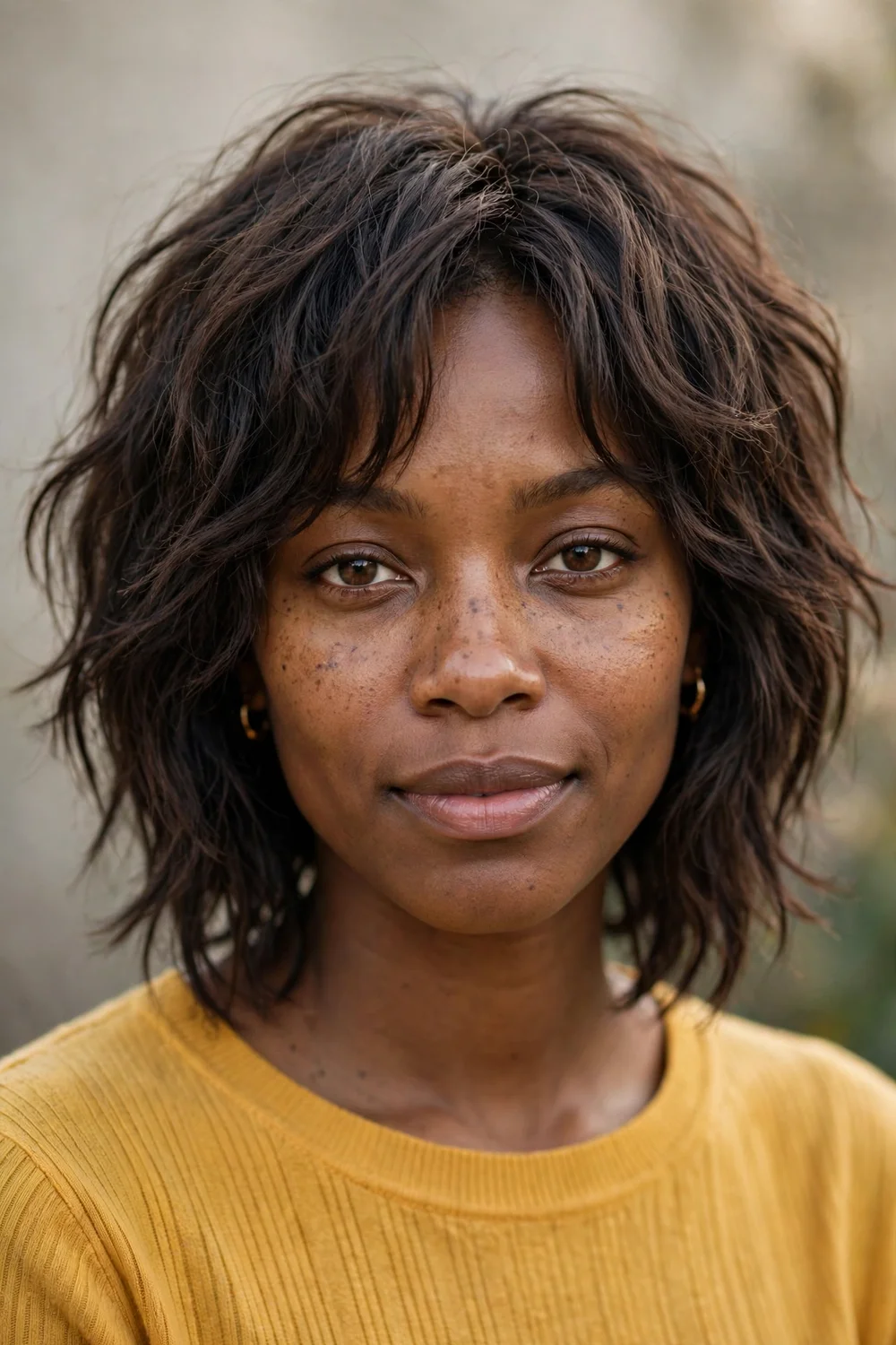 Black woman with a choppy lob shag, disconnected layers on shoulder-grazing fine dark brown hair