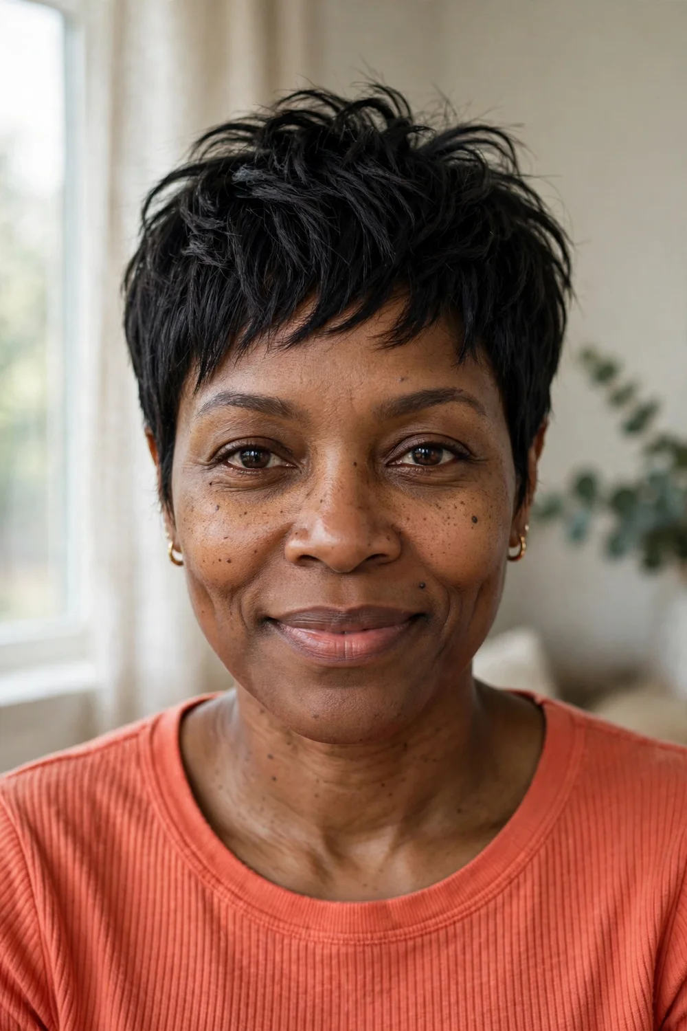 Black woman with a pixie haircut with choppy layers, short sides and textured top on fine black hair