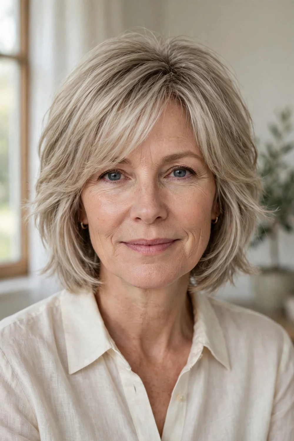 Woman in her early 50s with a classic layered shag, even graduated chin-length layers on fine ash-blonde hair