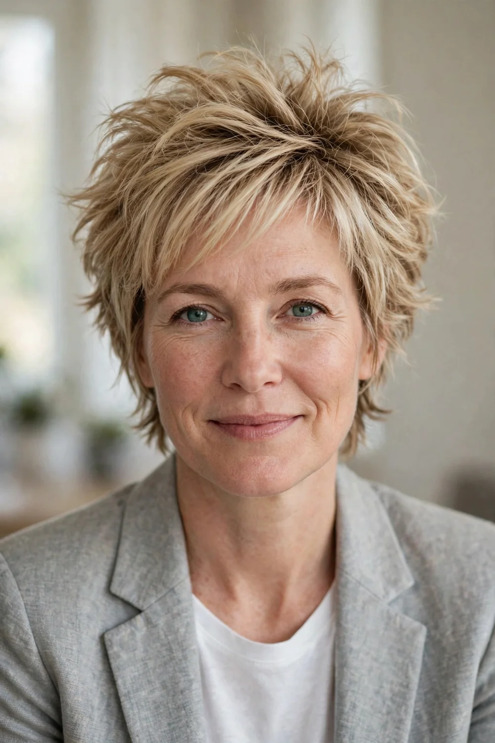 Woman in her 40s with a crown-lifted short shag, stacked layers and root volume on fine blonde hair