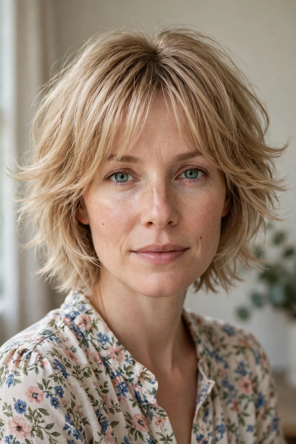 Woman with an airy short shag and parted curtain fringe on fine honey-blonde hair