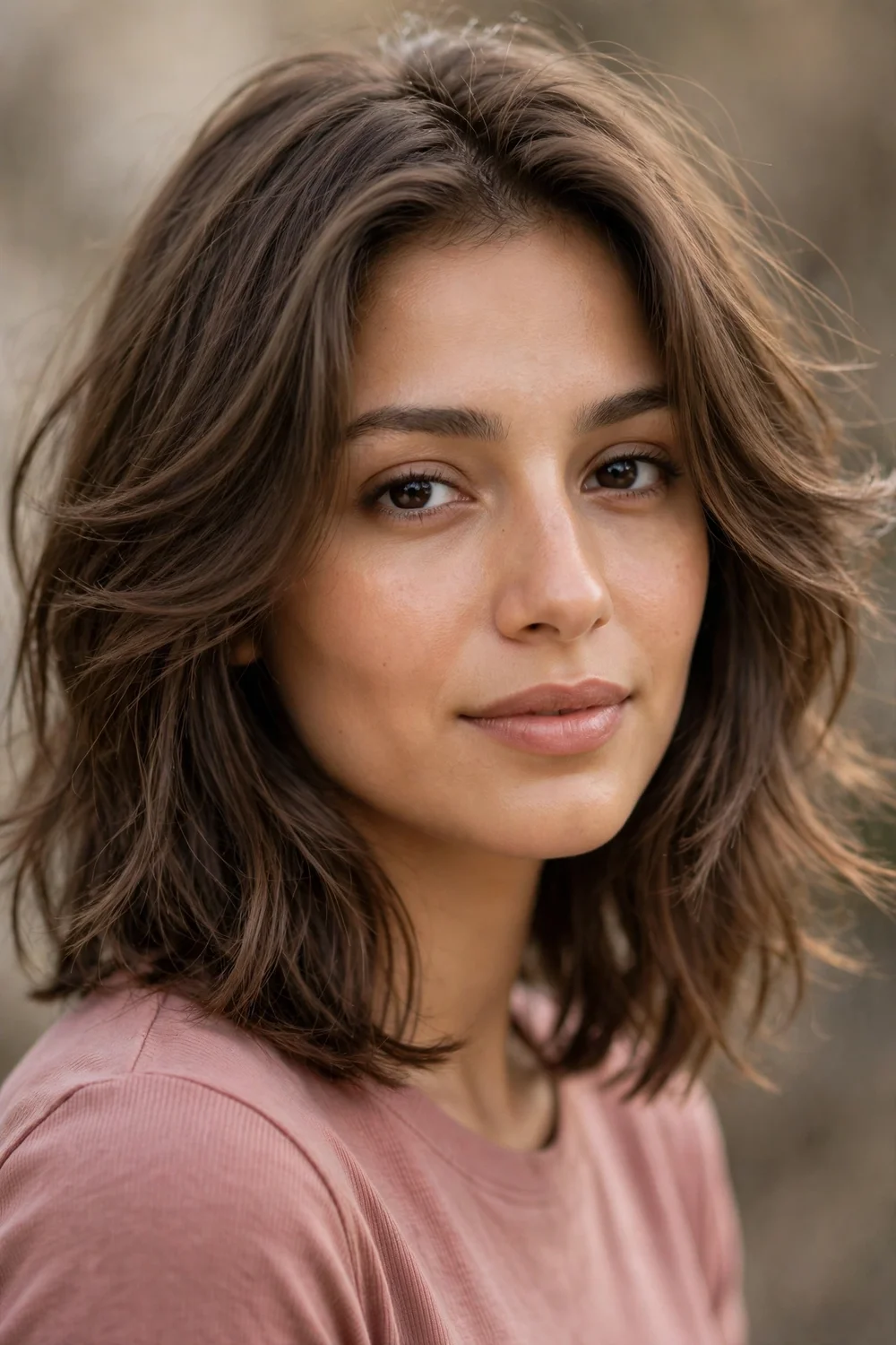 Middle Eastern woman with a feathered collarbone-length shag, soft flipped face-framing layers on fine brown hair