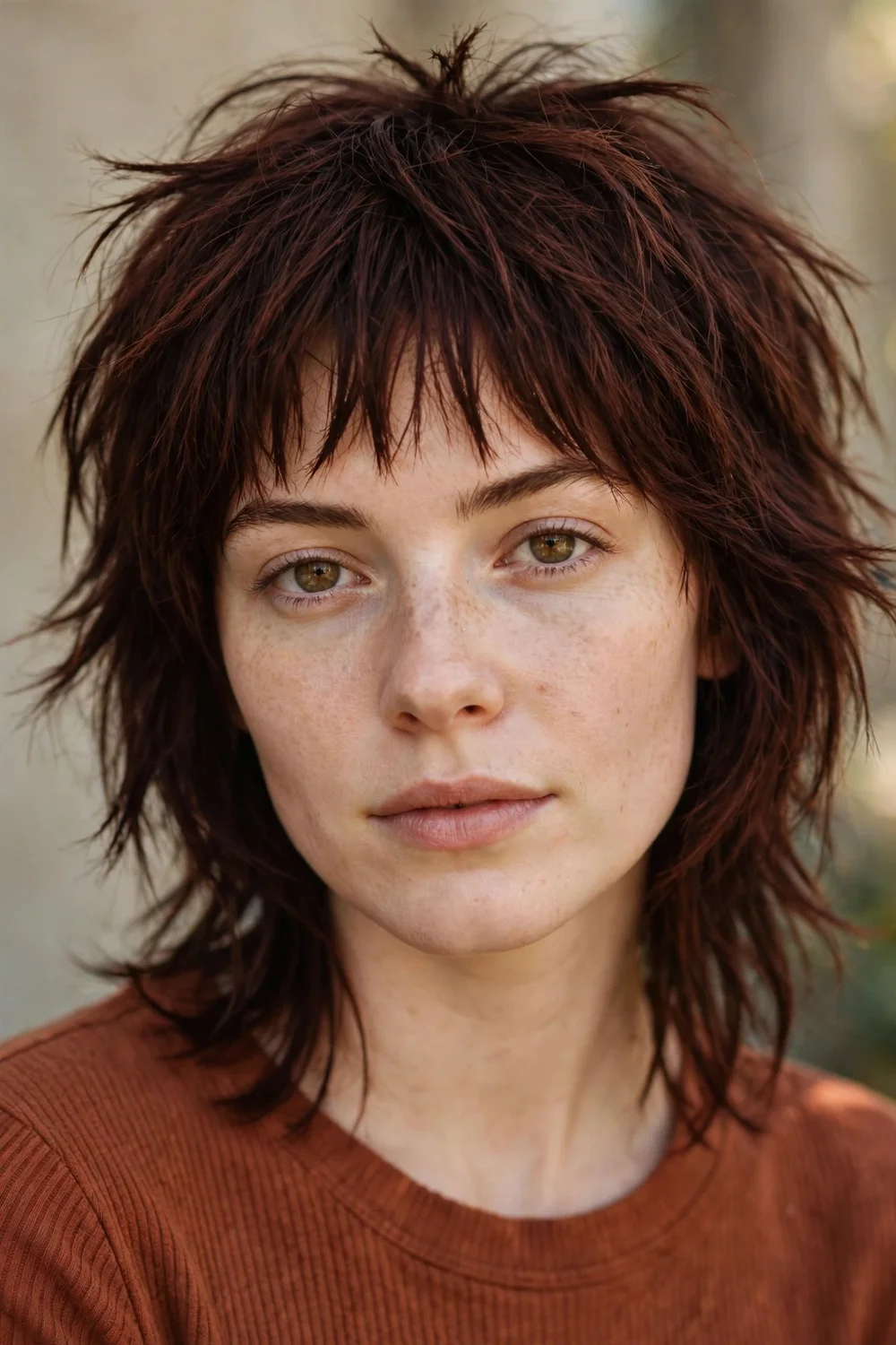 Young woman with a long shag haircut and jagged choppy bangs on fine dark auburn hair