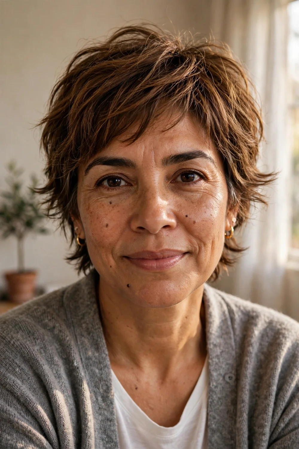 Latina woman in her late 40s with a lived-in shaggy pixie, soft undone layers on fine warm-brown hair