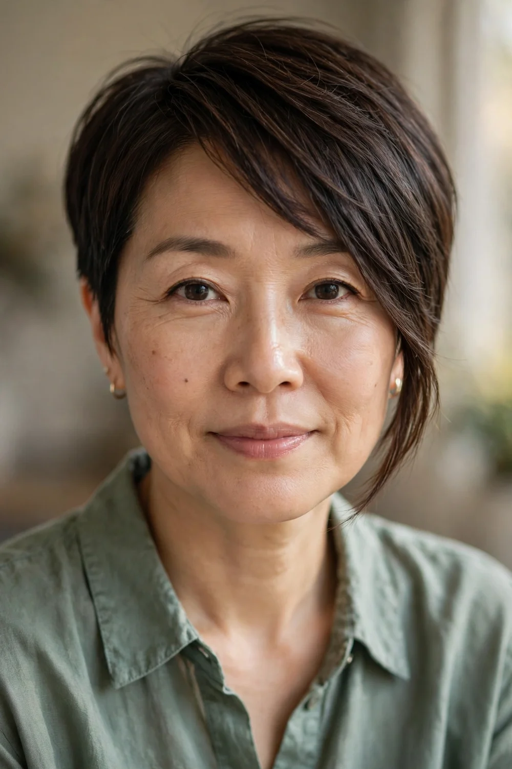 East Asian woman with a pixie haircut and long side bangs sweeping past the cheekbone on fine dark brown hair