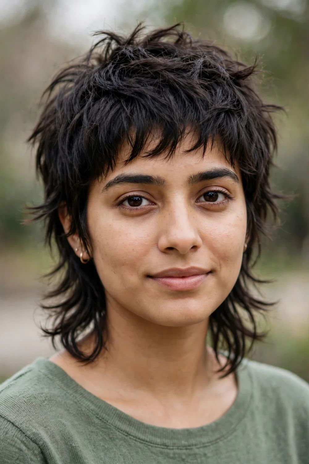 South Asian woman with a messy pixie mullet, short choppy crown and longer tapered nape on fine dark hair