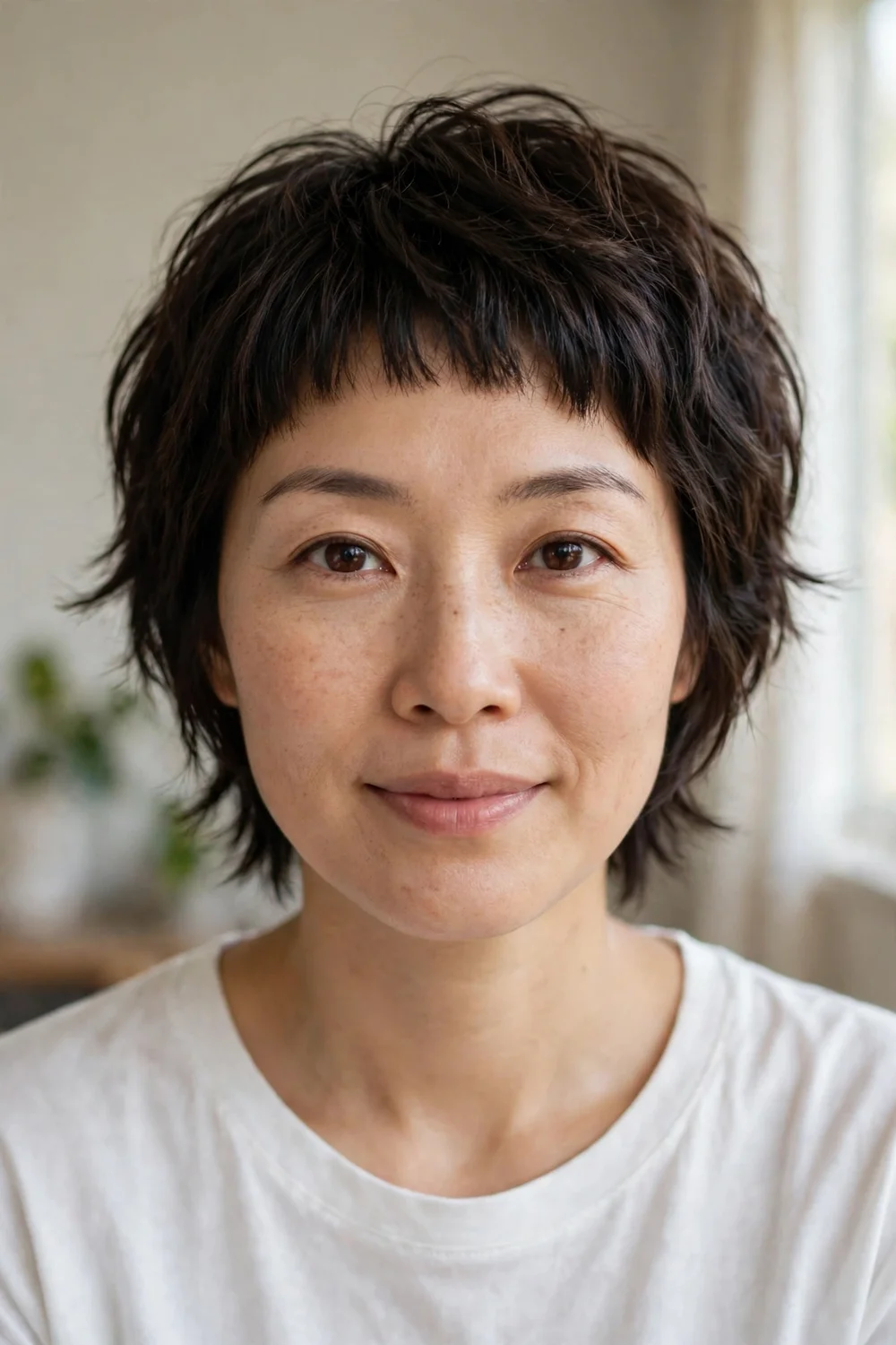 East Asian woman with micro bangs and a short choppy shag on straight fine hair