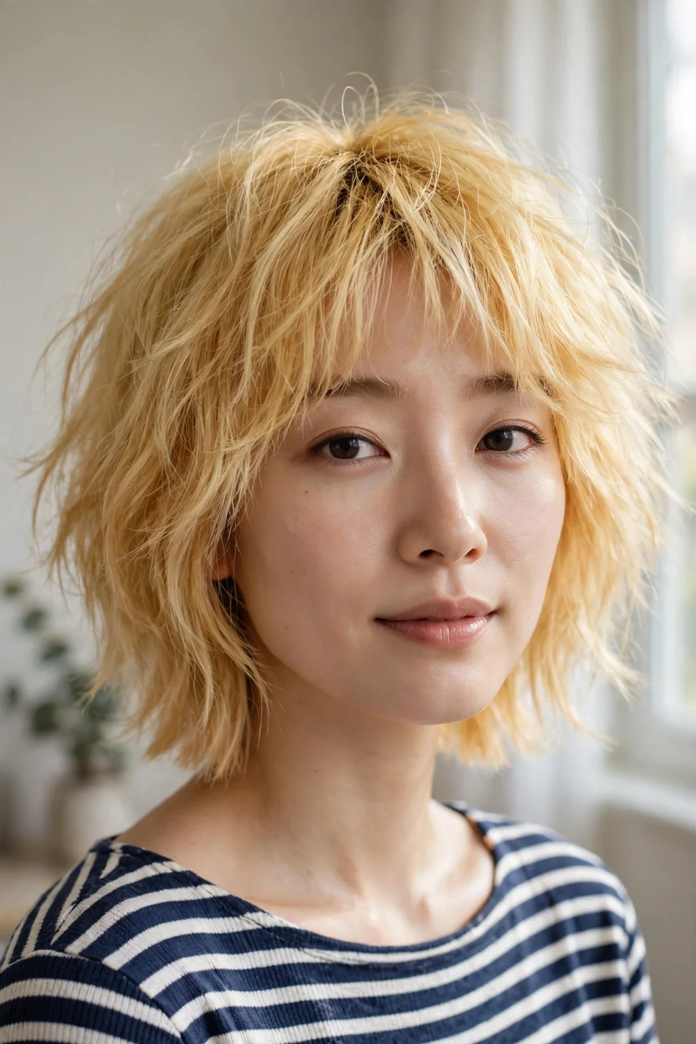 East Asian woman with a neck-length shaggy bob, golden blonde fine hair with textured shaggy layers