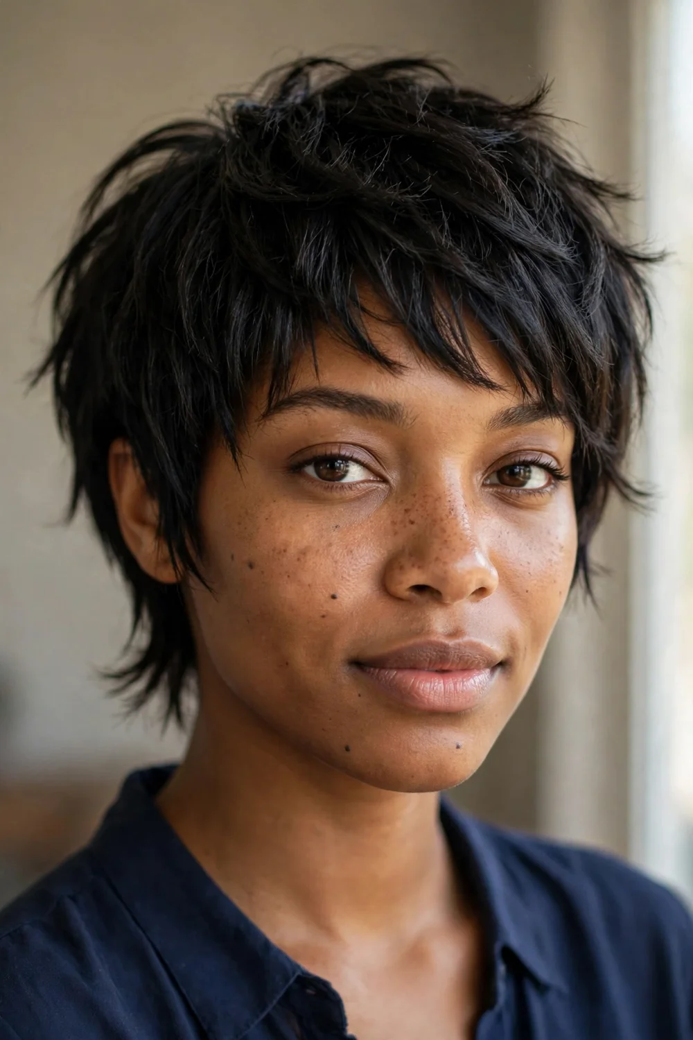 Young Black woman with a razor cut short shag on fine dark brown hair, sharp feathered layers and wispy ends
