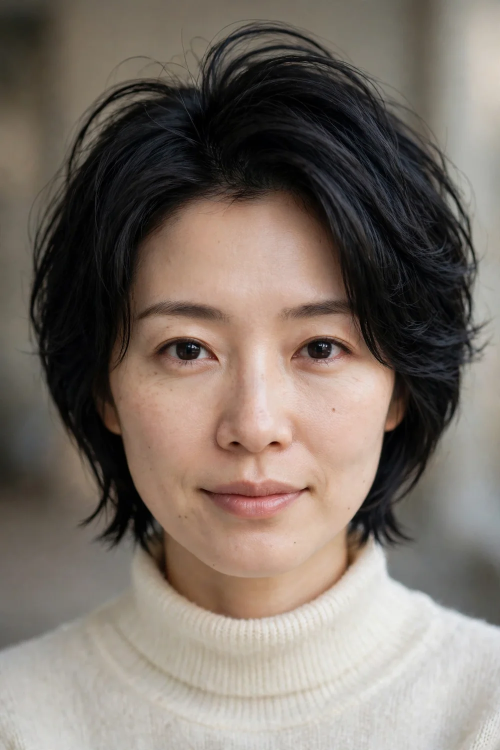 East Asian woman with a root-lift shag, sleek outer surface and lifted roots from hidden internal layers on fine black hair