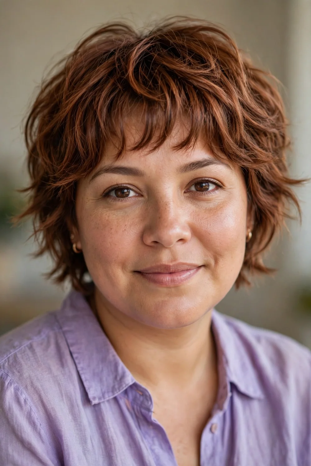 Latina woman with a round face wearing a textured short shag with arched piecey bangs on fine copper hair
