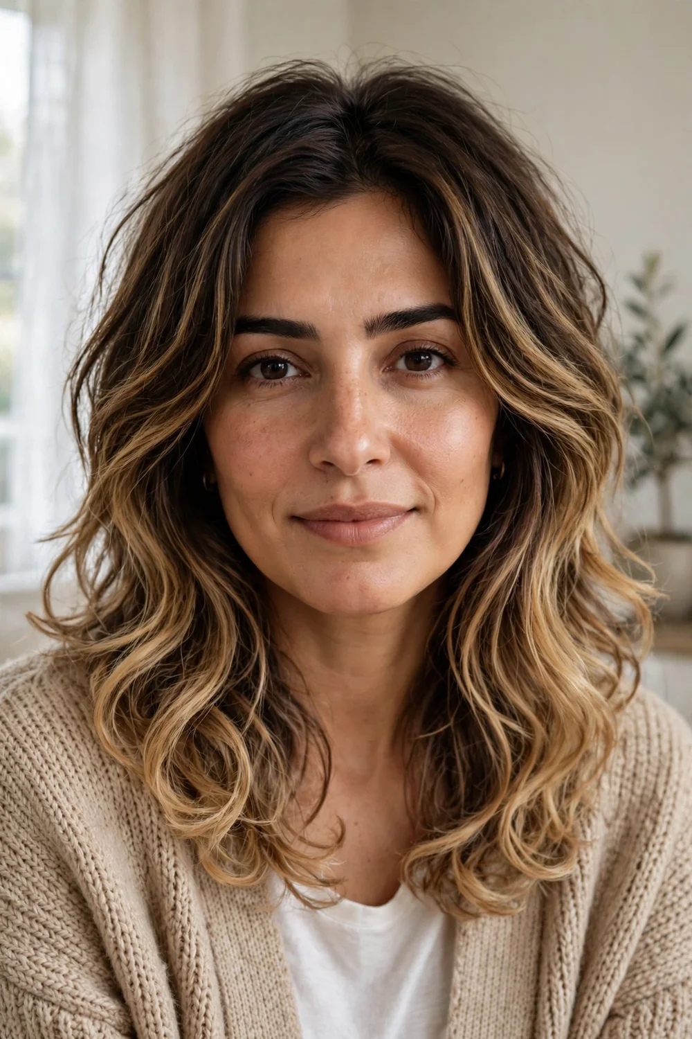 Middle Eastern woman with a shaggy ombre lob, dark roots fading to honey blonde ends with choppy layers